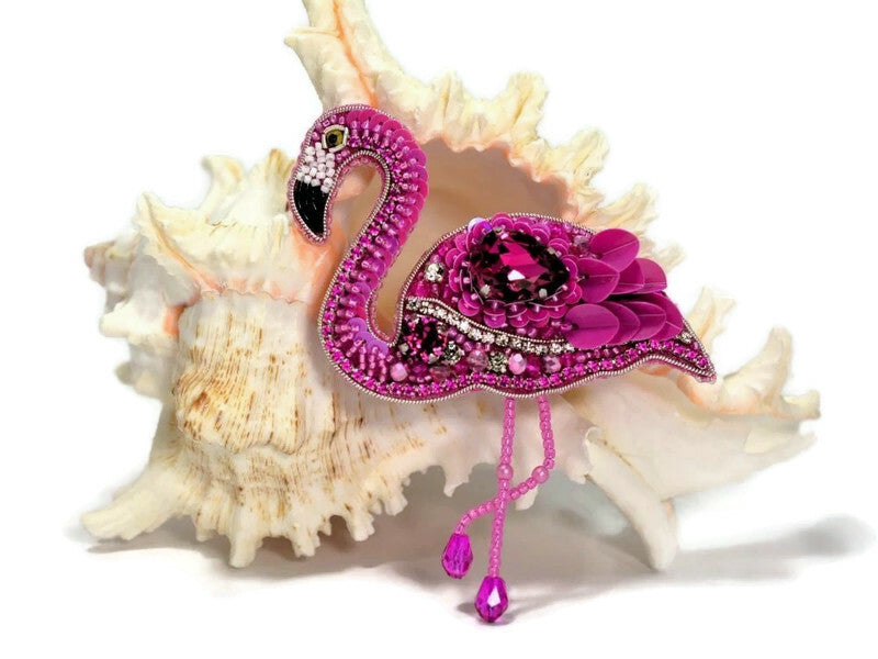 bead embroidered pink fuchsia flamingo brooch 
