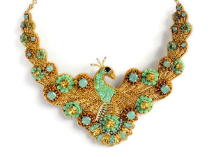 beaded peacock necklace gold green 