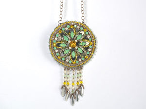 bead embroidered dreamcatcher green silver necklace