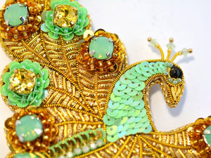 bead embroidery peacock necklace gold green 