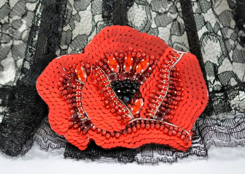 red poppy flower bead embroidered brooch handmade 