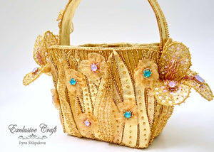 tambour embroidered flower basket purse golden 