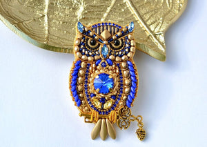 blue gold Bead embroidered Owl brooch