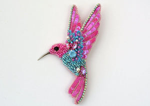 bead embroidery handmade hummingbird brooch pink blue