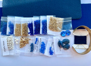 blue gold bead embroidery bracelet kit tutorial materials