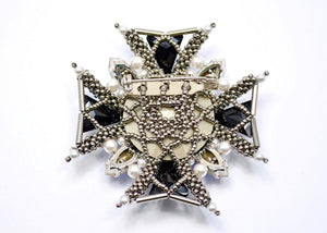 swarovski beaded blue silver cross brooch pin handmade 