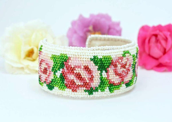 seed bead rose Bead embroidered cuff bracelet "Summer Roses" with tiny seed beads – Exclusive Craft LLC