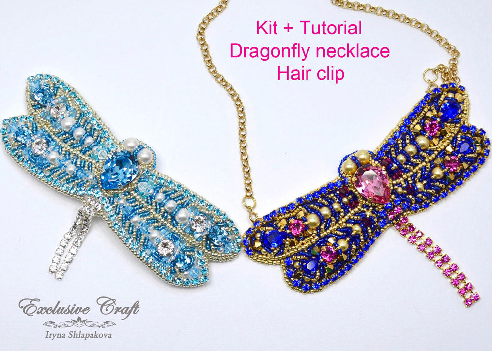 beading kit and tutorial for swarovski bead embroidered dragonfly necklace