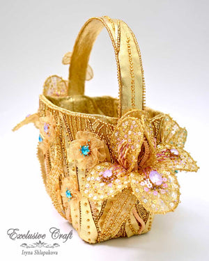 unique tambour embroidered golden flower basket purse