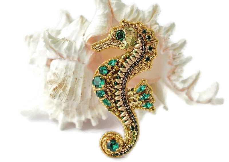 bead embroidered gold green seahorse pendant