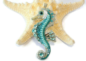 bead embroidered blue seahorse necklace