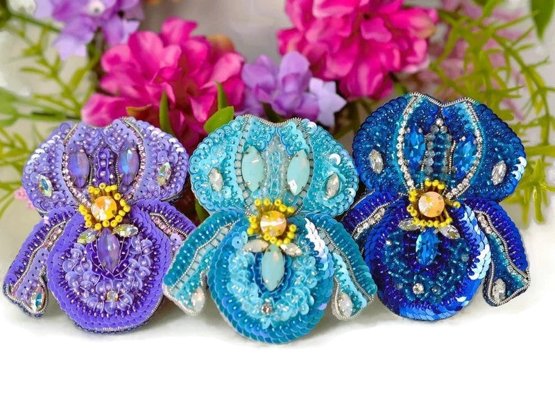 bead embroidered iris flower brooch
