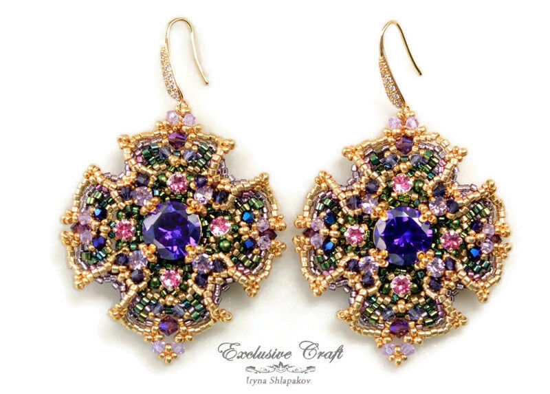 gold purple cubic Zircon beaded earrings