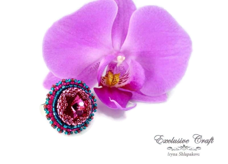bead embroidered fuchsia crystal adjustable ring