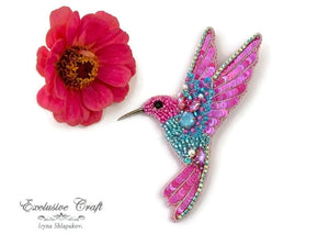 bead embroidery handmade hummingbird brooch pink blue