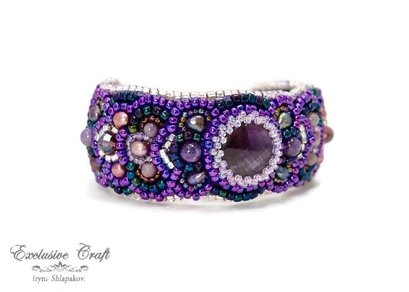 Purple beaded cuff bracelet with Amethyst, unique gift for her ...