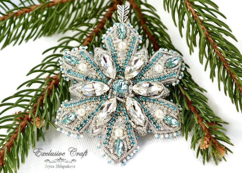 bead embroidered crystal snowflake Christmas necklace