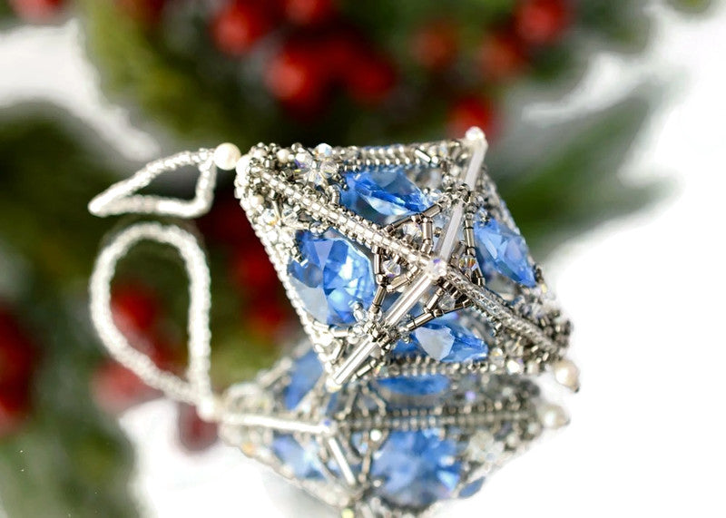 unique bead woven Christmas ornament  blue silver