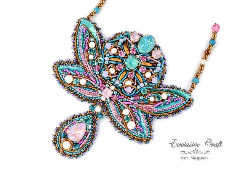 bead embroidered filigree necklace with Swarovski and french wire teal pink