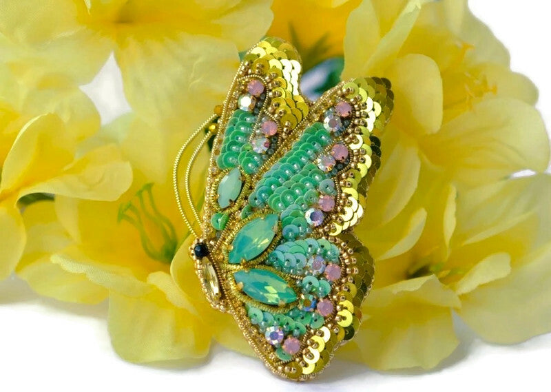 bead embroidered green gold butterfly brooch 
