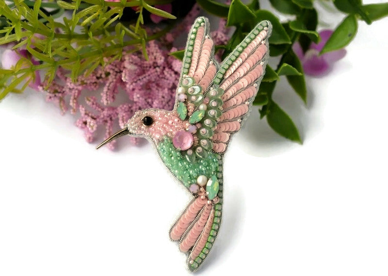beaded pink green hummingbird brooch