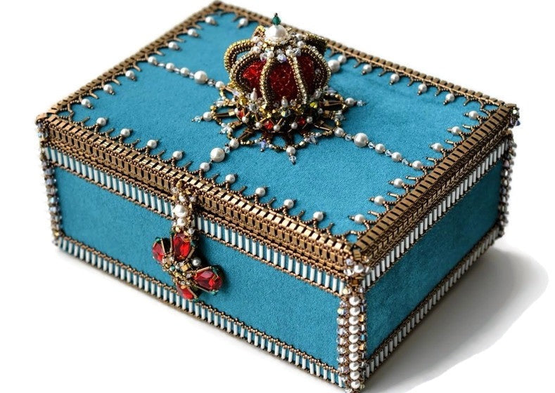 beaded teal bronze handmade jewelry box