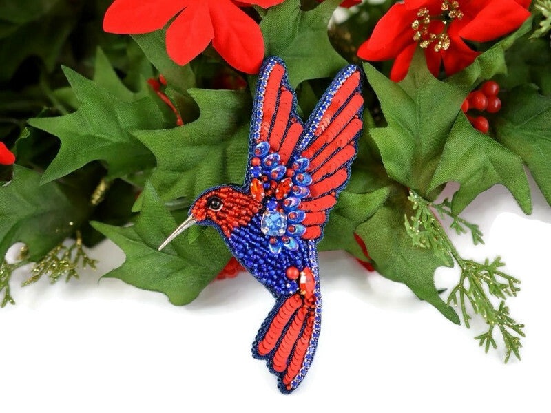 red blue bead embroidered hummingbird brooch handmade