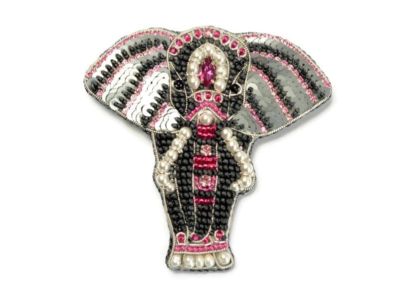 black pink bead embroidered elephant brooch