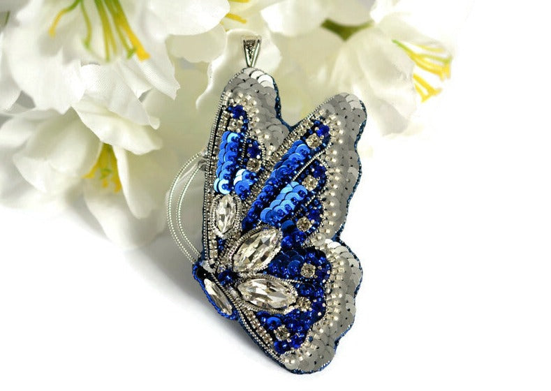 bead embroidered blue silver butterfly necklace handmade
