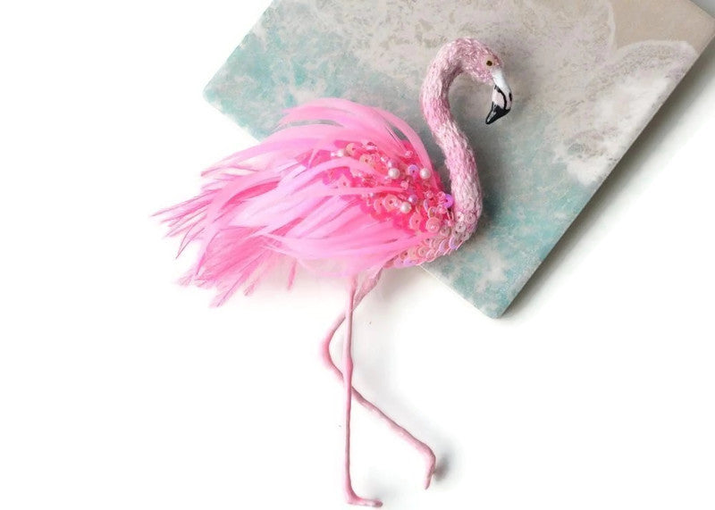 bead embroidered flamingo brooch handmade