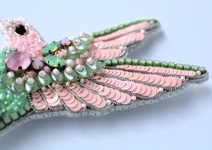 bead embroidered pink green hummingbird brooch