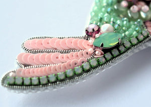 bead embroidered pink green hummingbird brooch
