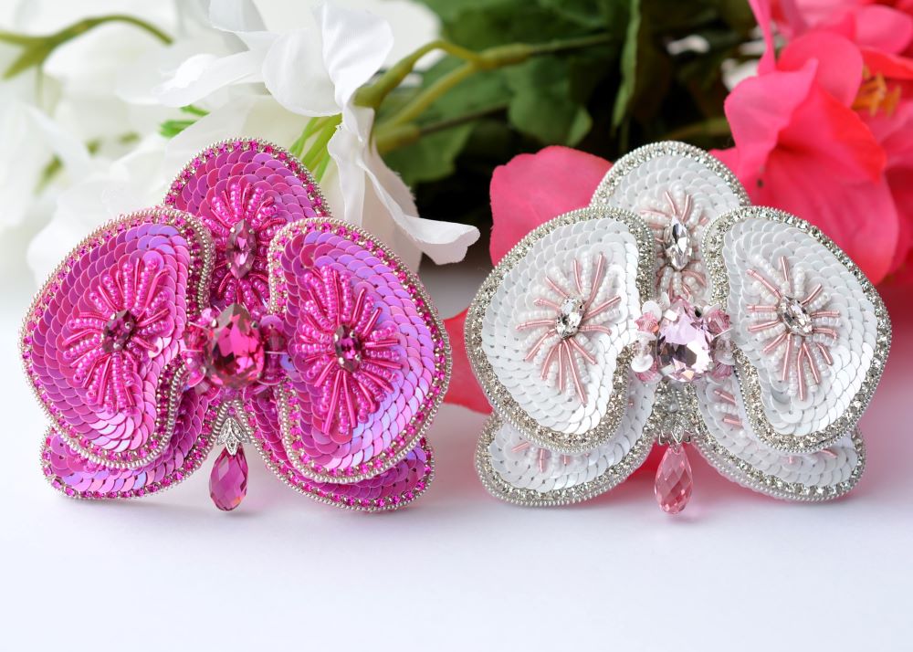 bead embroidered orchid brooch