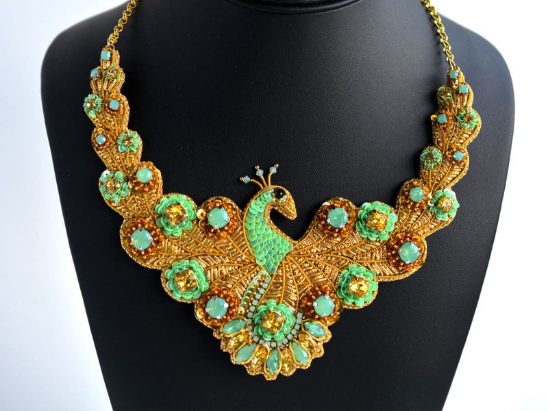 bead embroidered peacock necklace gold green 
