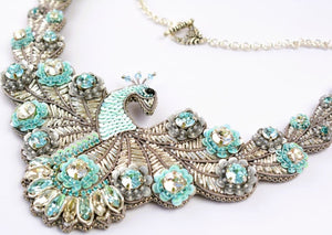 bead embroidered silver, blue peacock necklace