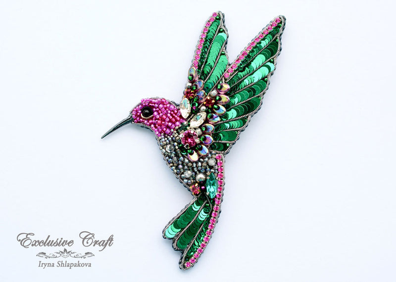 bead embroidered green pink hummingbird brooch pin