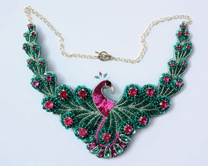 bead embroidery teal fuchsia peacock necklace
