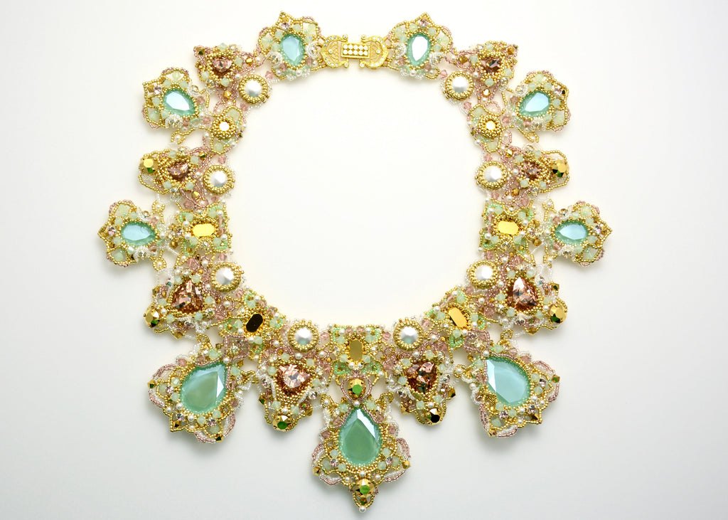 gold mint swarovski beaded neckalce