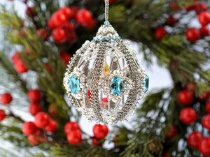 silver blue beaded christmas snowball ornament