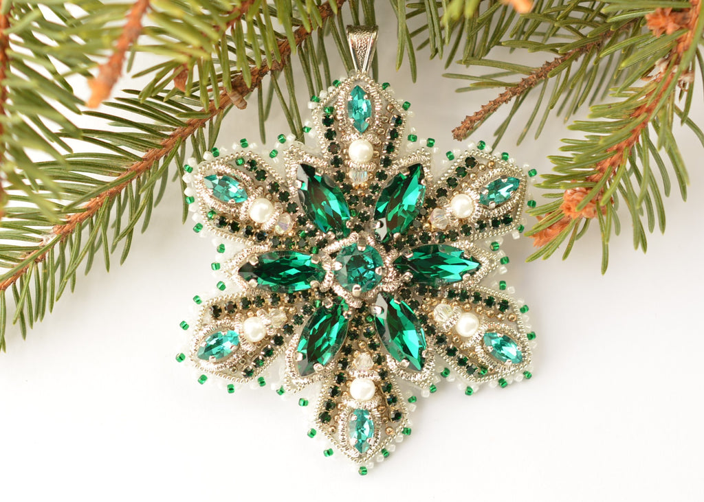 green silver crystal snowflake christmas ornament handmade