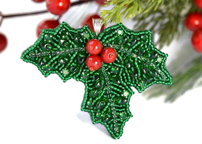 bead embroidered christmas holly pendant handmade
