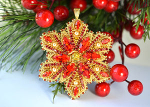 red gold Crystal snowflake Christmas ornament or pendant beaded