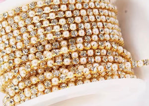 rhinestone cup chain with pearls gold crystal