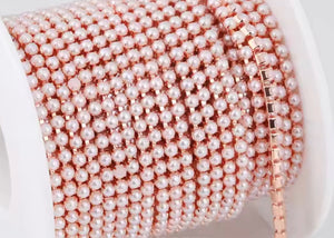 rhinestone cup chain with pearls rose 
gold 2 mm