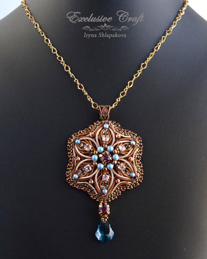 bead embroidered filigree wire bronze necklace