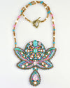 bead embroidered filigree necklace with Swarovski and french wire teal pink