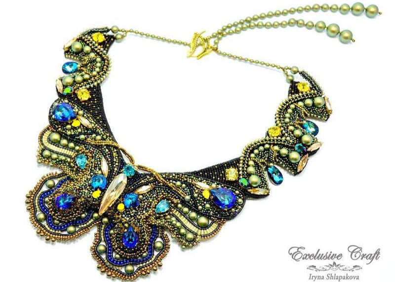 handmade beaded blue green gold swarovski necklace butterfly