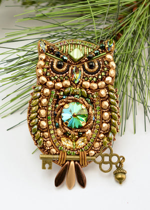 green bronze Bead embroidered Owl brooch
