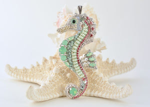 bead embroidery seahorse pendant silver green