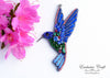 blue green bead embroidery hummingbird necklace
